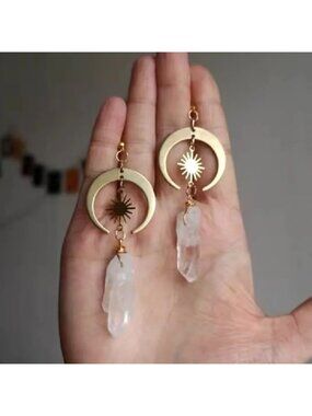 Sun Crescent Gold Natural Stone Witchy Earrings
